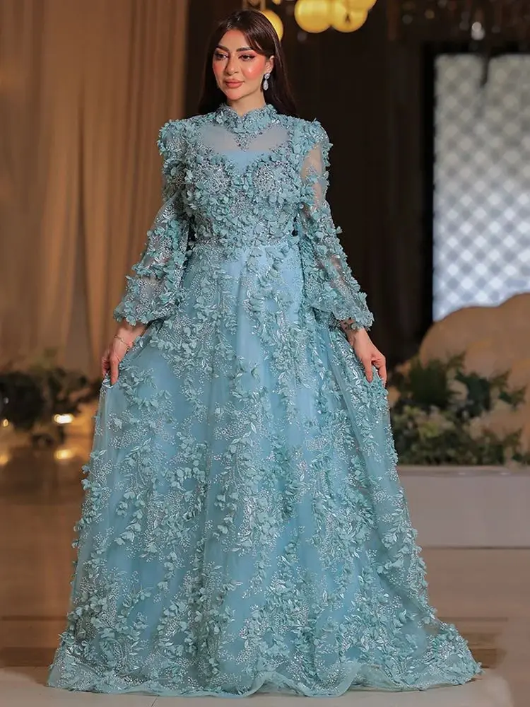 Atemberaubendes Saudi-Abendkleid, maßgeschneidert, Puffärmel, Stehkragen, Blumenspitze, Perlenstickerei, arabisches Partykleid, formelle Ballkleider