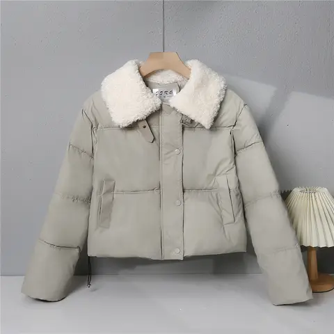 여성용 면 재킷 여성복 두꺼운 한국 스타일 여성용 2024년 겨울 짧은 라운드 칼라 양털 다운 패딩 재킷 코트 면 재킷
