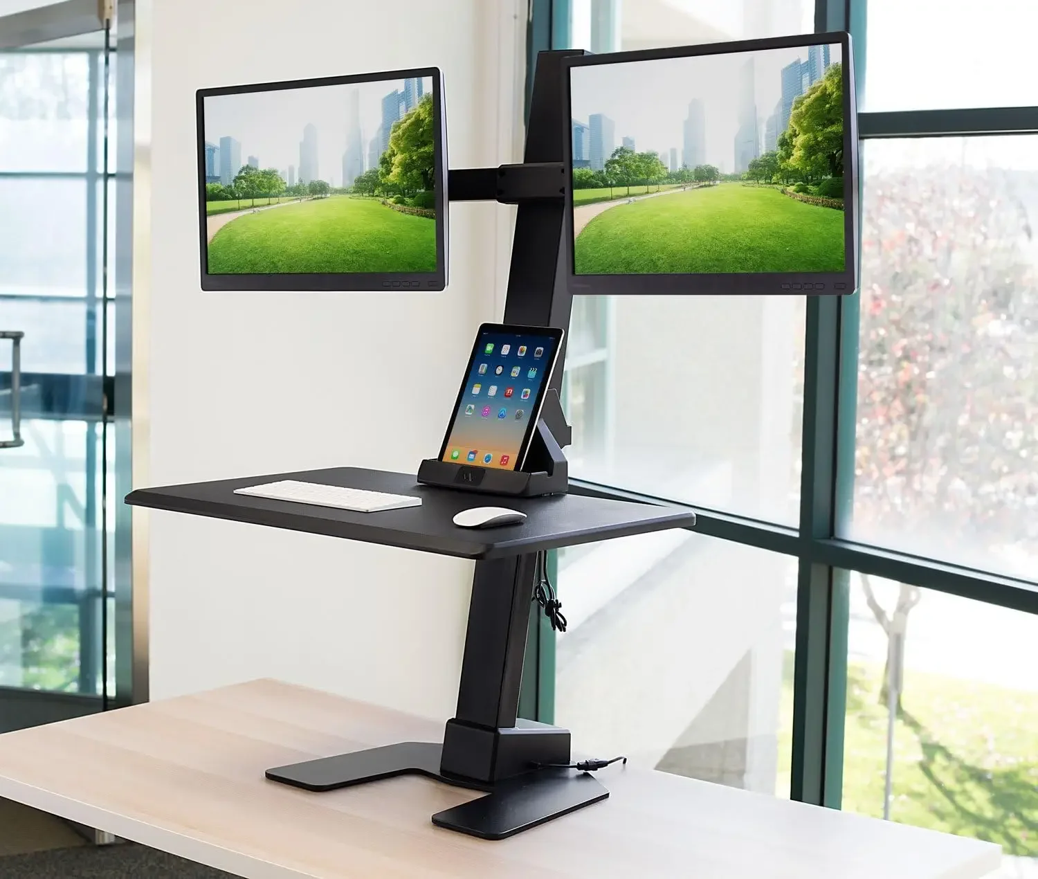 Double Monitor Electric Standing Desk Converter - 2 Screens Stand Up Desk Riser - Height Adjustable Desktop & 2 Mounts