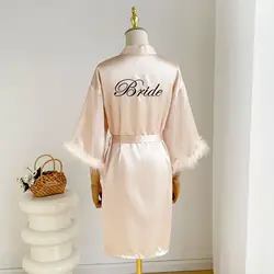 Champagne Bride Wedding Robe Women Kimono Sexy Feather Patchwork Sleeve Nightgown Bathrobe Summer Spring Homewear Sleepwear