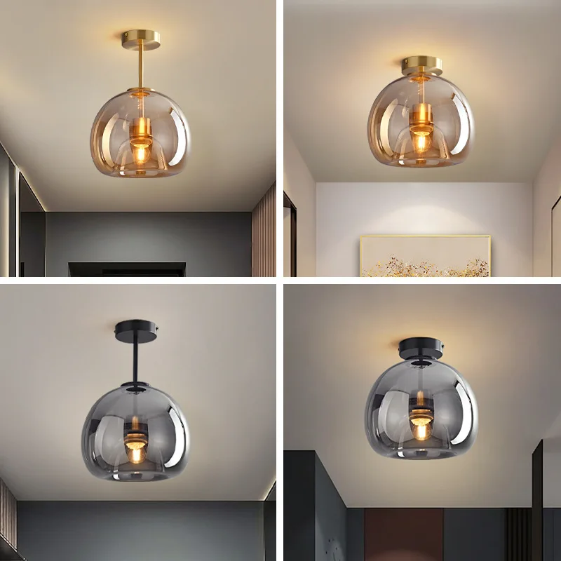 LED Ceiling Light Nordic Cognac Smoke Gray Glass Ceiling Lamp Modern Bedroom Dining Room Aisle Decor Creative Indoor Lighting