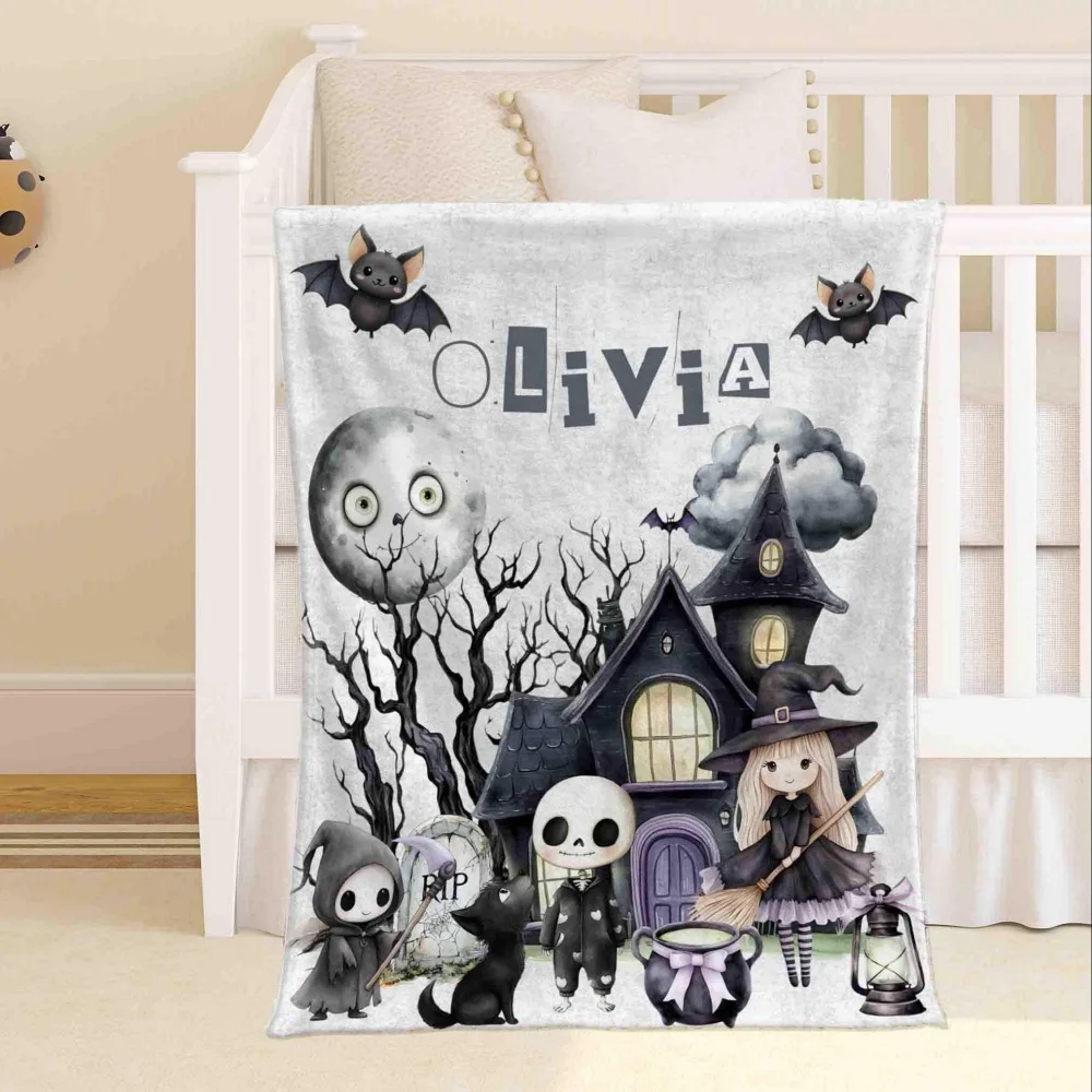 Custom Name Kids Halloween Throw Blanket Flannel Fleece Witch Skull Haunted House Soft Bed Sofa Gift