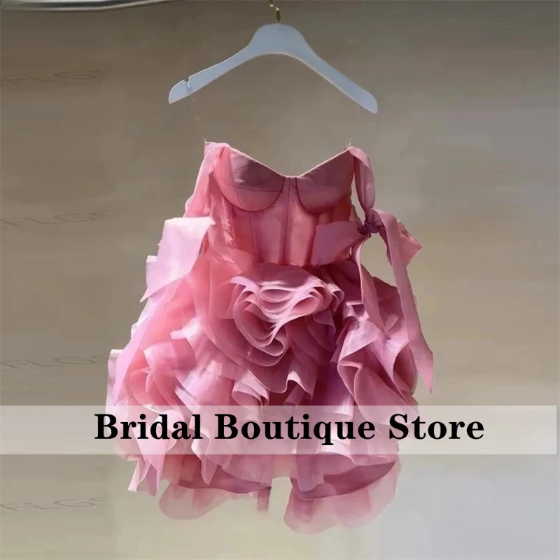 

Customized Pink A-Line Bow Straps 3D Flower Prom Dress Ruffle Tulle Sleeveless Vestidos De Noche Mini Formal Evening 2026