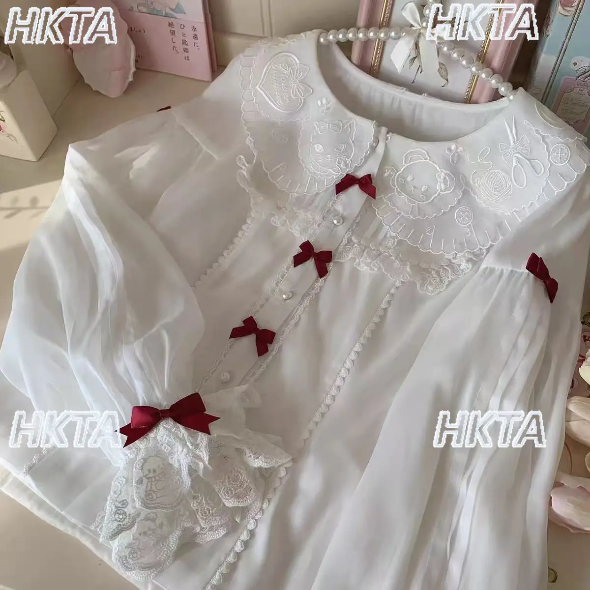 

Kawaii Doll Collar Petal Long Sleeve White Shirts Women Sweet Cute Cartoon Lolita Versatile Lace Embroidered Blouses Top Camisas