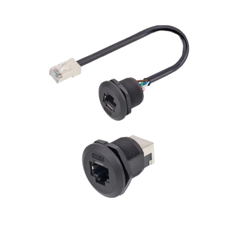 circular waterproof screw nut locking plate chassis panel mount rj45 cat6 male female connector adapter coupler extender cable