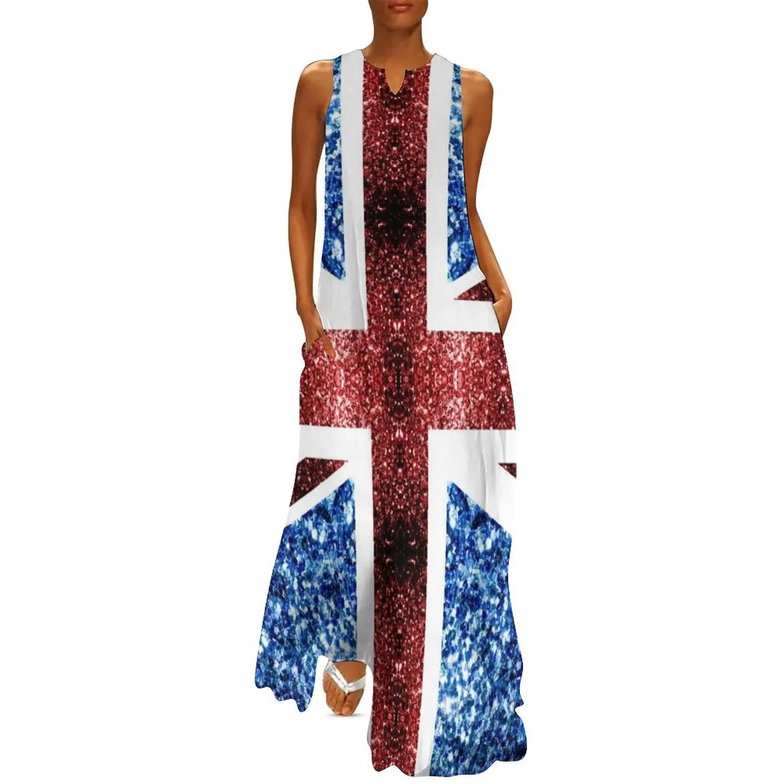 

United Kingdom UK flag blue red faux sparkles British Union Jack (Photo of Glitter - Not Reflective) Long Dress