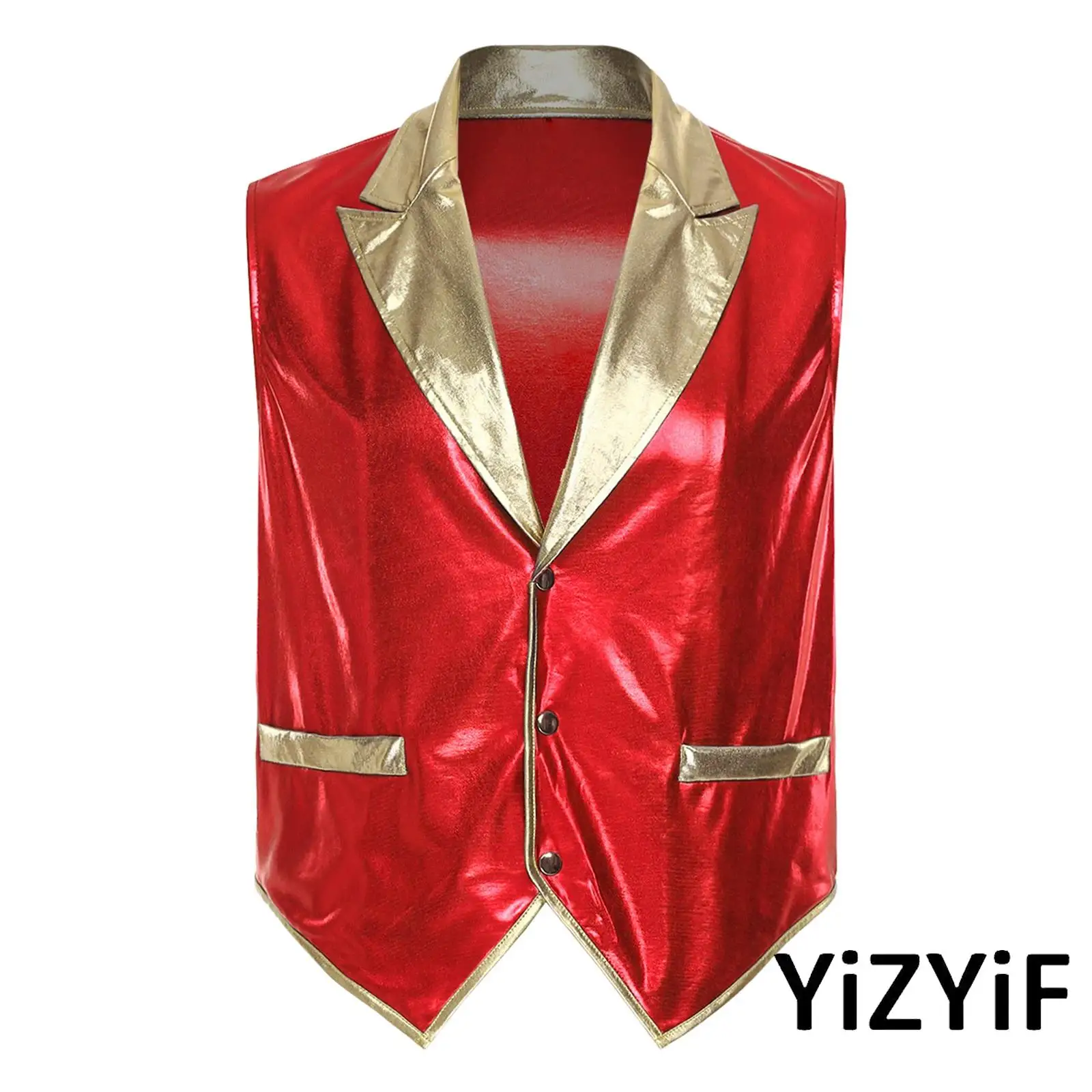 

Mens Arab Prince Cosplay Vest Costume Metallic Shiny Waistcoat Lapel V Neck Patchwork Pointed Hem Vest Tank Top for Halloween