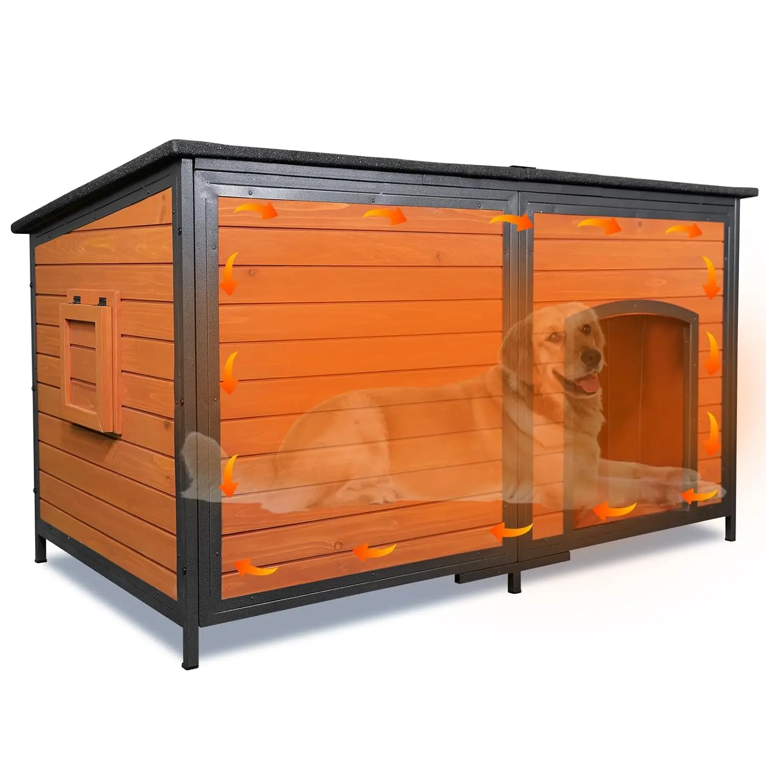 

Extra Large Wooden Insulated Dog House Outdoor Weatherproof Shelter Anti-Chew Iron Frame Patio 90x70x80cm Customized