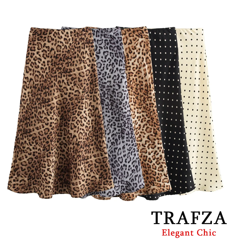 

TRAFZA-Women Printed Skirts Elastic Waist Hip Wrap Skirts with Leopard Print & Polka Dot New 2025 Spring Summer Elegant Skirts