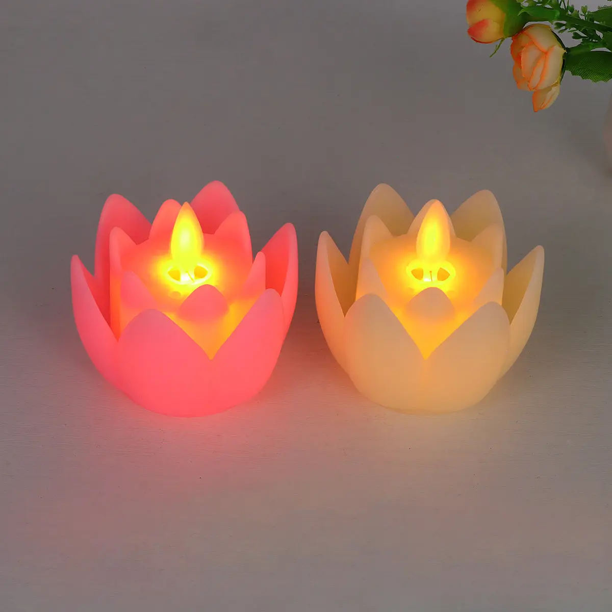 2Pcs Simulation Lotus Shaped LED Flameless Realistic Dancing LED Flower Decorative Light Yellow Pink Safe Home