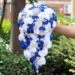 JaneVini ramos de novia de lujo, flores de satén en cascada, azul real, blanco, cristal brillante, accesorios de ramo en cascada para novia