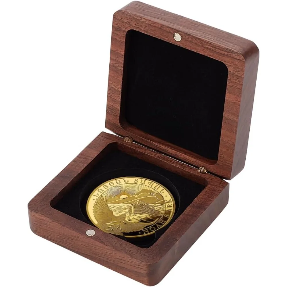 Coin Display Box Square Challenge Medal Coin Display Case Box Walnut Coin Presentation Display Holder Velvet Inside Gift