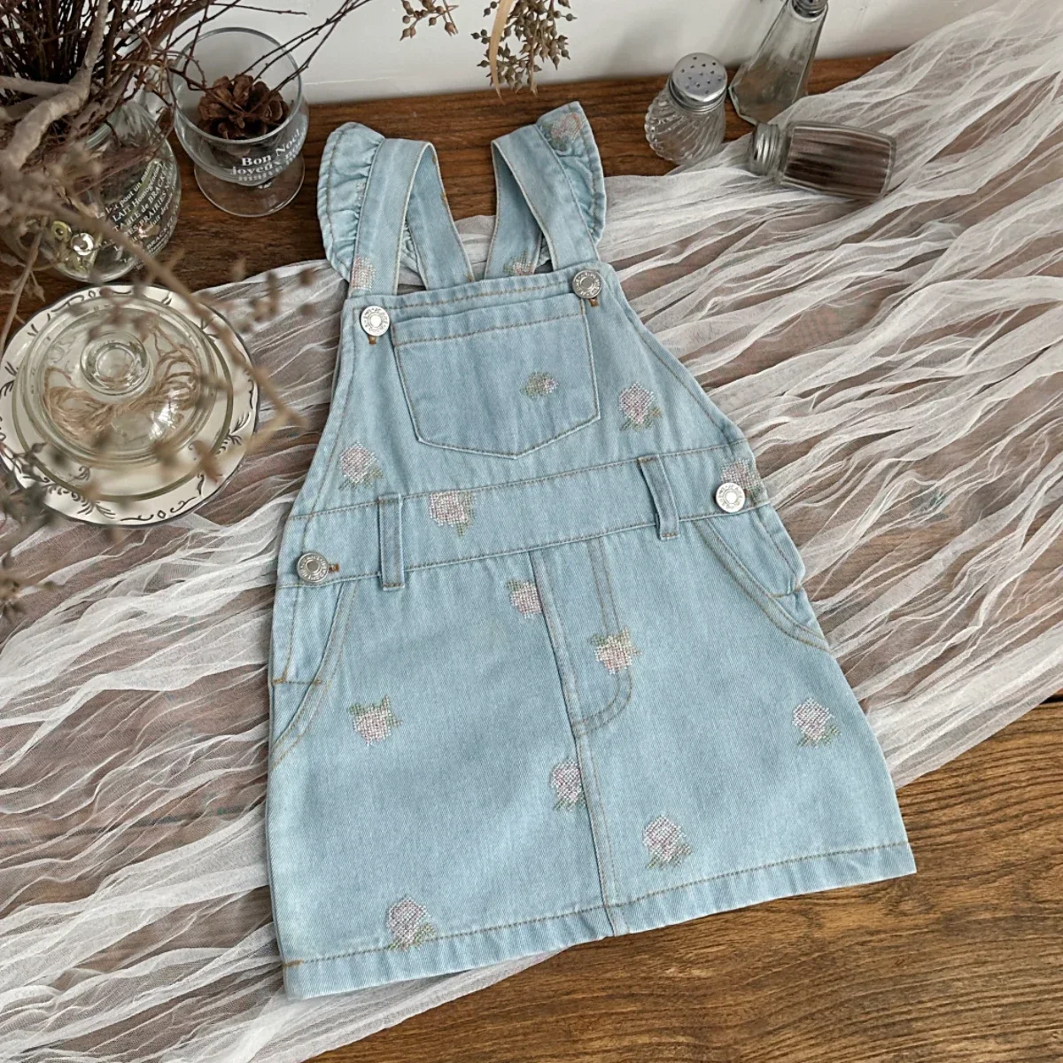 Girls Denim Baby Overall Dress Strawberry Embroidery Ruffle Strap Toddler Suspender Skirt Kids Cute Summer Jean Jumper Dress