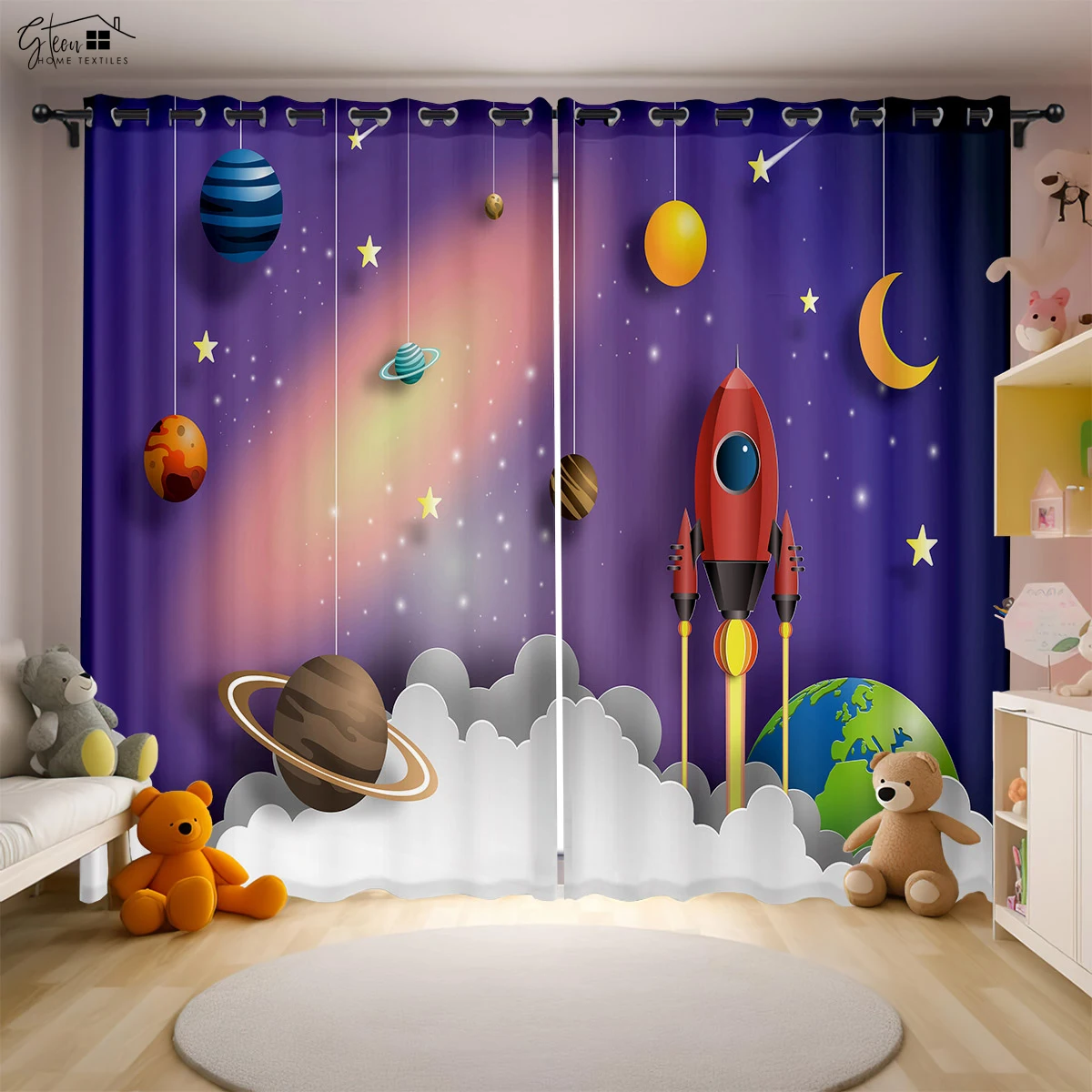 

Aerospace Cartoon 3D Printed Curtains Astronaut Spaceman Spaceship Rocket Launch Bedroom Study Children's Room Curtains 2PCS