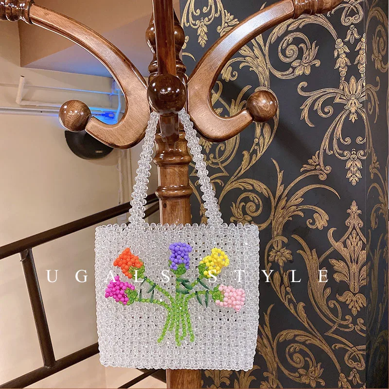 2023 New Customized Hand Woven Beaded Bag Women\'s Fashion Flower Design Crystal Handbag Exquisite Fairy Banquet Party Sac A Main