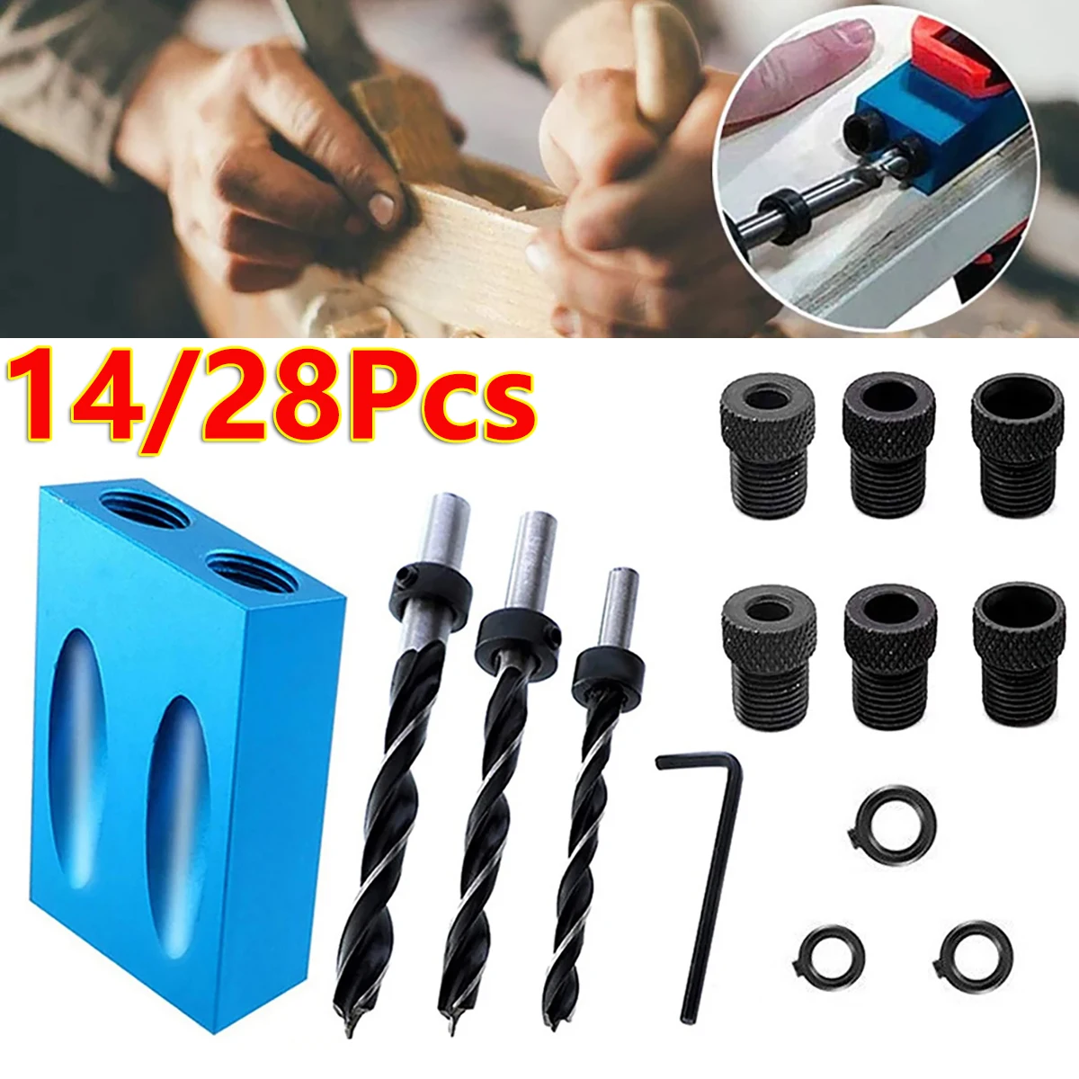 

14/28Pcs Woodworking Oblique Pocket Hole Locator Jig Kit 15 Degree Angle Drill Guide Hole Puncher DIY Carpentry Tools Drill Bits