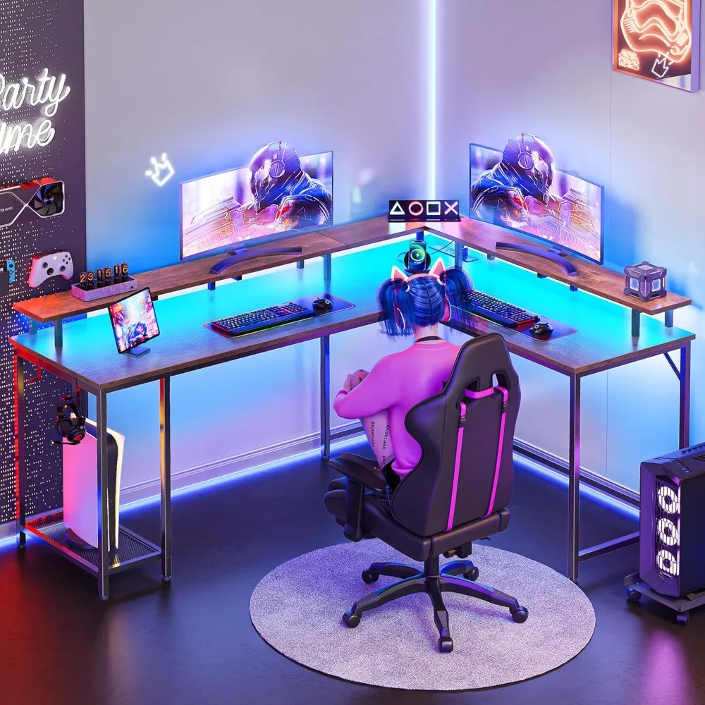 L Shaped Gaming Desk with Power Outlets & LED Lights, 66 Inch Computer Desk with Monitor Stand & Storage Shelf, Home Office Desk