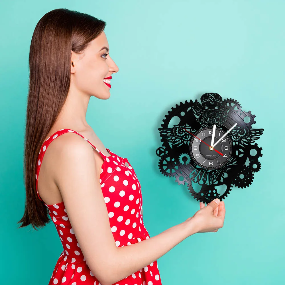Steampunk Owl Wall Art Wall Clock Vintage Vinyl Record Clock Home Decor Gear Cog Night Owl Steampunk Personalized Wall Watch