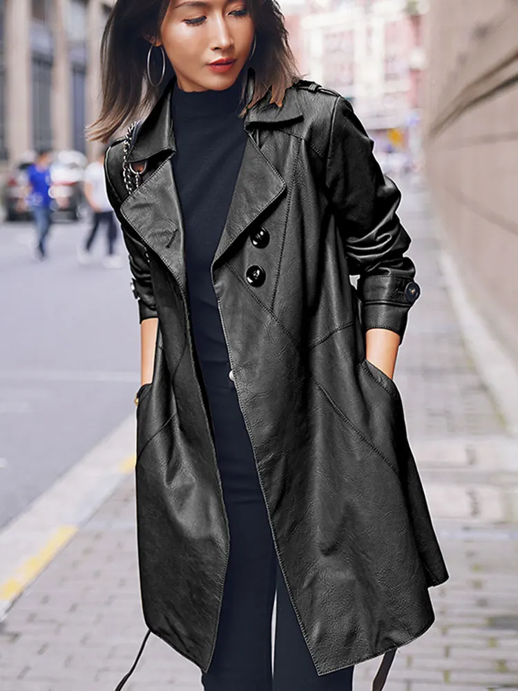 Spring and Autumn Lady\'s Fashion Casual Real Sheepskin Windbreaker Coat Waistband Mid length Genuine Leather Jacket Women