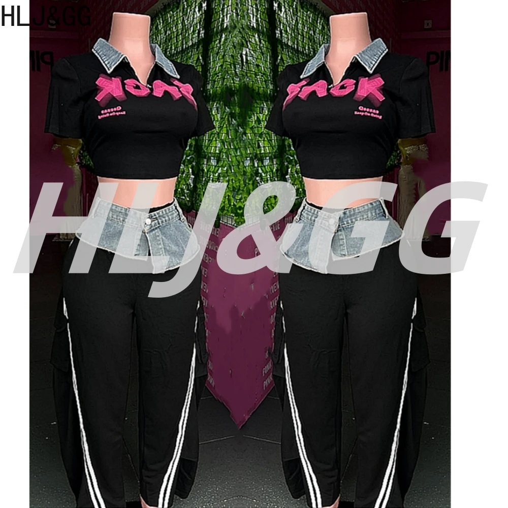 

HLJ&GG Fashion Y2K Letter Print Tshirts Two Piece Sets Women V Neck Short Sleeve Crop Top+Denim Splicing Pants Outfit Streetwear
