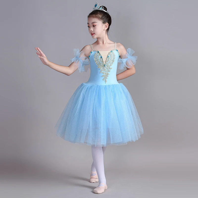 バレエドレス、ロングスタイルシフォンパフォーマンス衣装、子供用パフスカート、リトルスワンストラップレスダンスパフォーマンス衣装