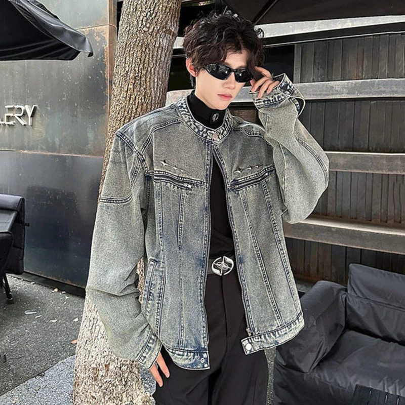 IEFB High Street Men\'s Denim Jackets Zipper Patchwork Metal Design Shoulder Pads Loose Solid Color Male Short Coats Tide 12C1526