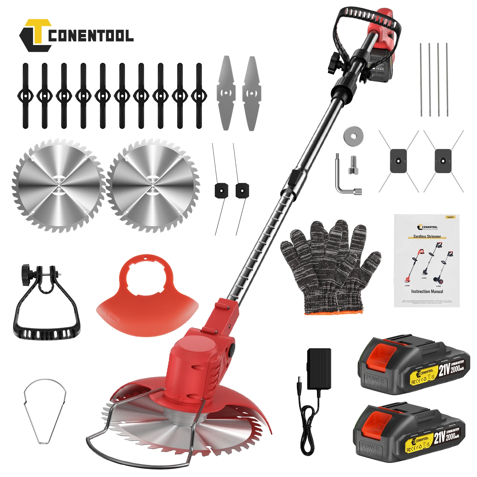 CONENTOOL Tondeuse à gazon sans fil 6 pouces 15000 tr/min, débroussailleuse pliable et réglable 2x2000 mAh pour batterie Makita 18V
