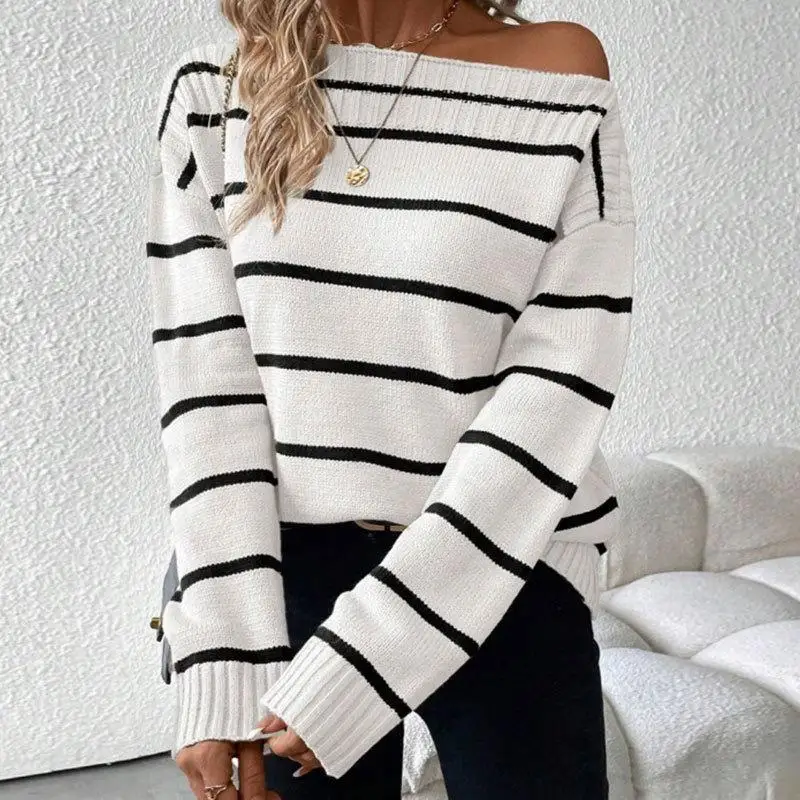 

Осень-зима женский вязаный свитер сексуальный полосатый одно плечо с заниженным плечом длинный свек для поездок на работу Sle Faion топ
