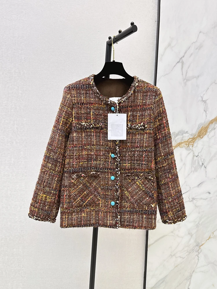 Spring Autumn Fashion Vintage Silver Wire Weave Casual Jackets Women's O-Neck Long Sleeve Sequins Pockets Straight Barrel Coat