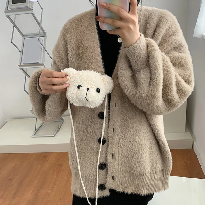 Cute White Brown Plush Bear Head Zipper Purse Small Size Women Messenger Bag Single-Shoulder Bag for Teenager Girl Birthday Gift