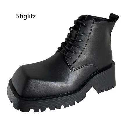 British Style Square Toe Ankle Boots for Men Women Black Leather Work Shoes Non-Slip Thick Bottom Motorcycle Boots Hard-Wearing