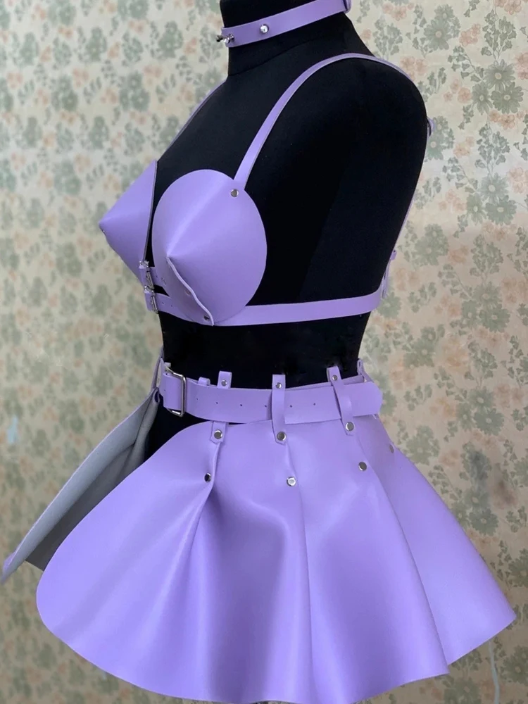 Concert Damen BH mit PU-Lederriemen, Space Dance Kostüm, Cosplay, einfarbig, mit Hosenträgern, Gothic, Rüschen-Hosenträger-Set – Detail 5