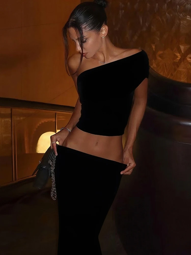 Sisterlinda أنيقة شارع العليا 2 قطعة مجموعة الأزياء الصلبة المنحدر الكتف أعلى + Shirring ماكسي التنانير الإناث غمد مأدبة الدعاوى