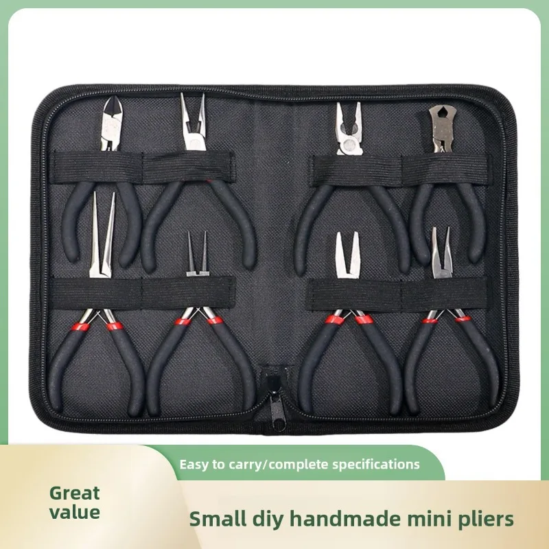

Mini Pliers 8 Piece Set with Red Black Plastic Handles in Cloth Pouch DIY Electrical Repair Tools for Small Workshops