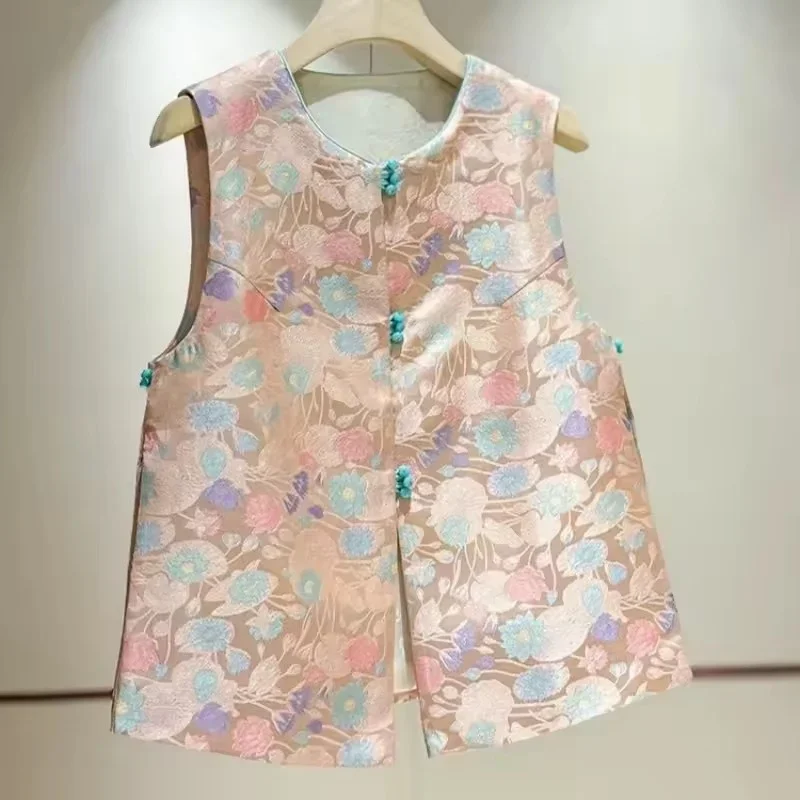 Autumn New Chinese Pink Vest Women Sleeveless Frog Button Colorful Waistcost Loose Floral Print Tank  Ladies Waistcoat KX43