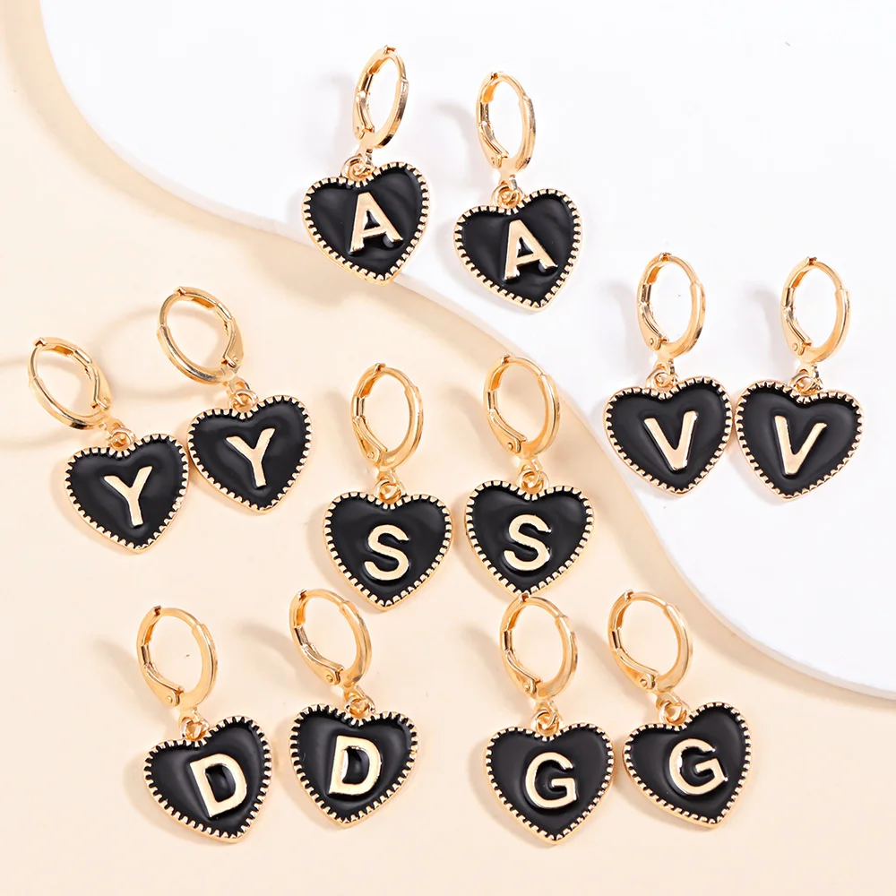 

LeeChee Heart Charm Black Enamel Custom Initial Letter Earrings Cute Gift For Kids