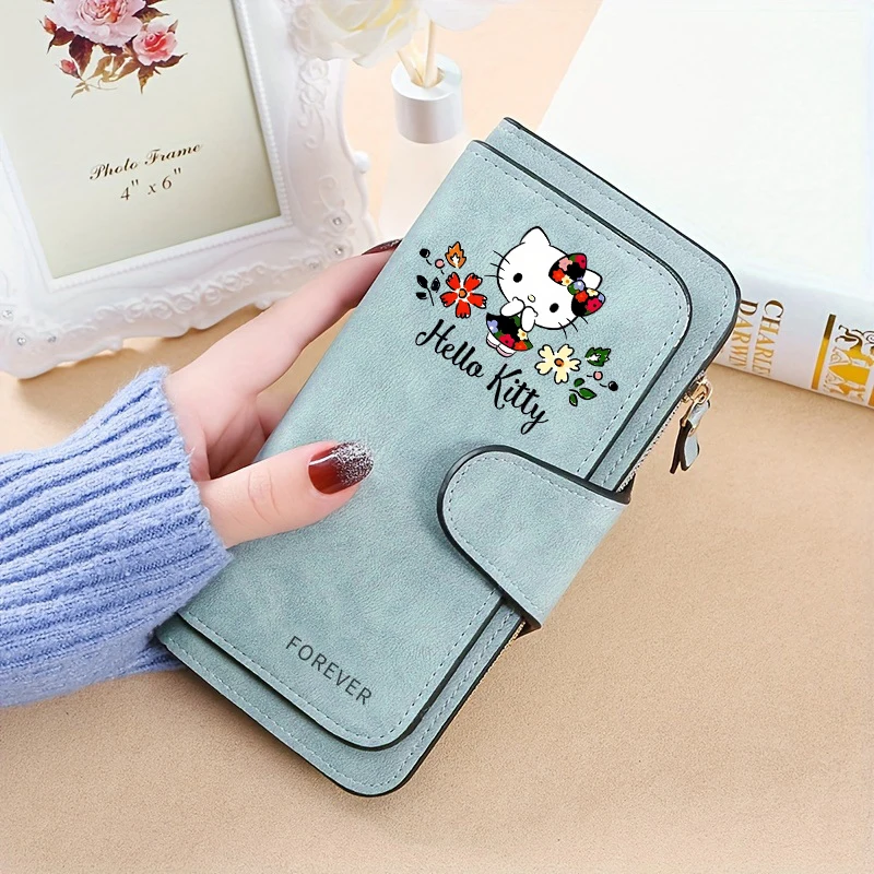 New Hello Kitty Wallet  Women Anime Cartoon Fashion Multi-Card Slot Purse  Buckle Nubuck Material Two-color Fabric Wallets Gift