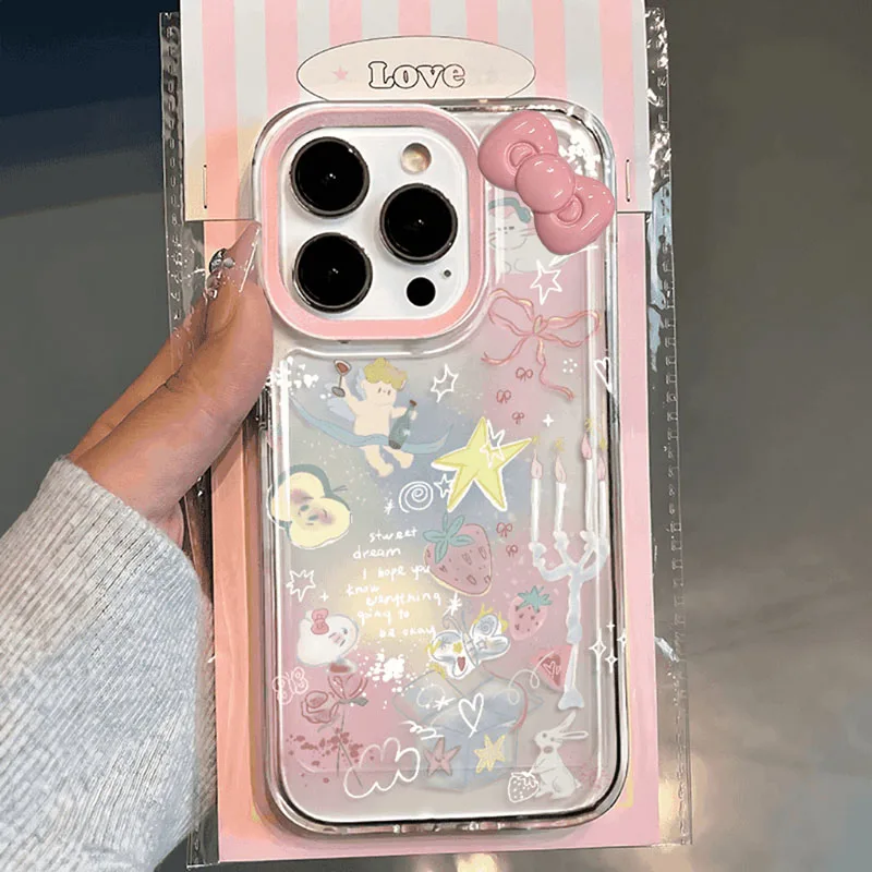 Cat Star Strawberry Bow Phone Case For iPhone 16 15 14 13 12 11 Mini Pro Max X XR XSMax 7 8 Plus Y2K Transparent Soft Back Cover