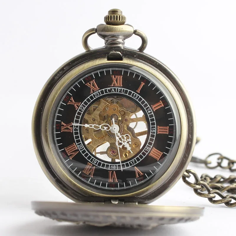 Railway Engine Mechanical Pocket Watches For Men Retro Bronze Steampunk Necklace Pendant with Chain Gifts