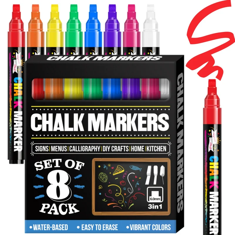 Window Chalk Markers for Glass Washable,8 Colors Jumbo Liquid Chalk Marker 1mm/6mm 3in1 Nib Thick Wide Tips,Big Chalkboard