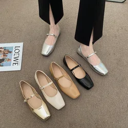 Antumn Square Toe Ballet Shoes Fashion Low Heel Mary Jane Shoes Casual Silver Shallow Buckle Soft Sole Shoes Zapatos De Mujer