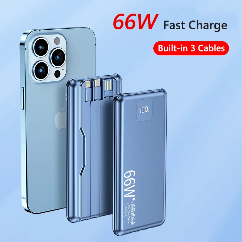 Power Bank 20000mAh 66W Super Fast Charging External Battery Charger Built Cables for iPhone 15 11 pro Xiaomi Samsung Poverbank