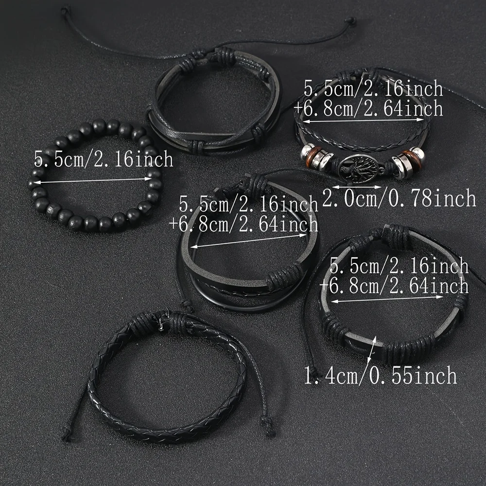 Miss JQ 6 Pc/set Black PU Leather Multi-layer Braided Tree Of Life Bracelet Male Women Fashion Handmade Bangle Accessories Gift