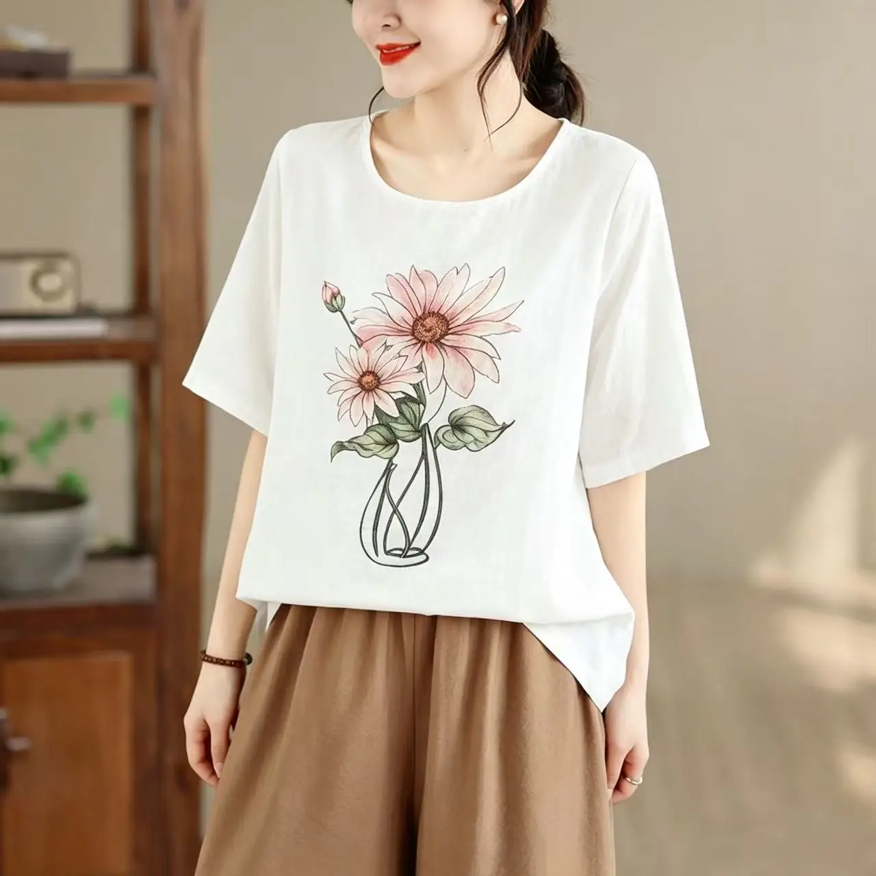 

Summer New plus Size Women's Cotton Linen Short Sleeve Printed Base Shirt Overhead T-Shirt Commute Style round Neck Thin Fabric
