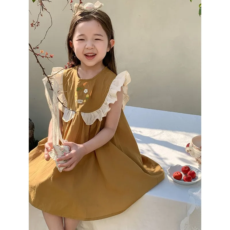 

Babys Girls Summer Flower Fly Sleeve Dress Bear Embroidery Toddler Girls Princess Dress Thin Cool Infant Girls Sleeveless Dress