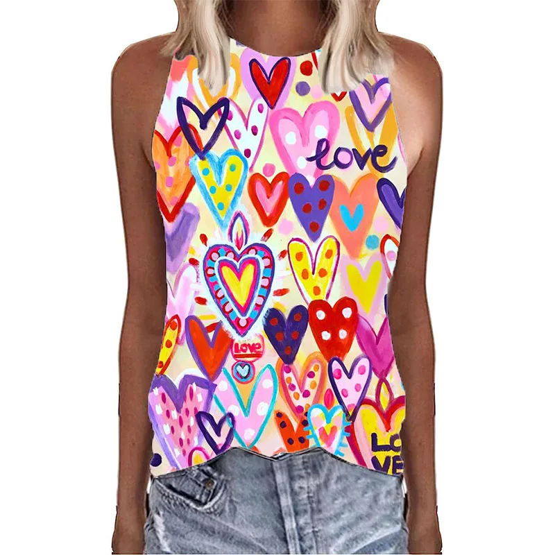 Graffiti Colorful Love Hearts 3D Print Tank Tops Summer Women O-Neck Vest Off Shoulder Y2k Sleeveless Camisole Woman Clothing