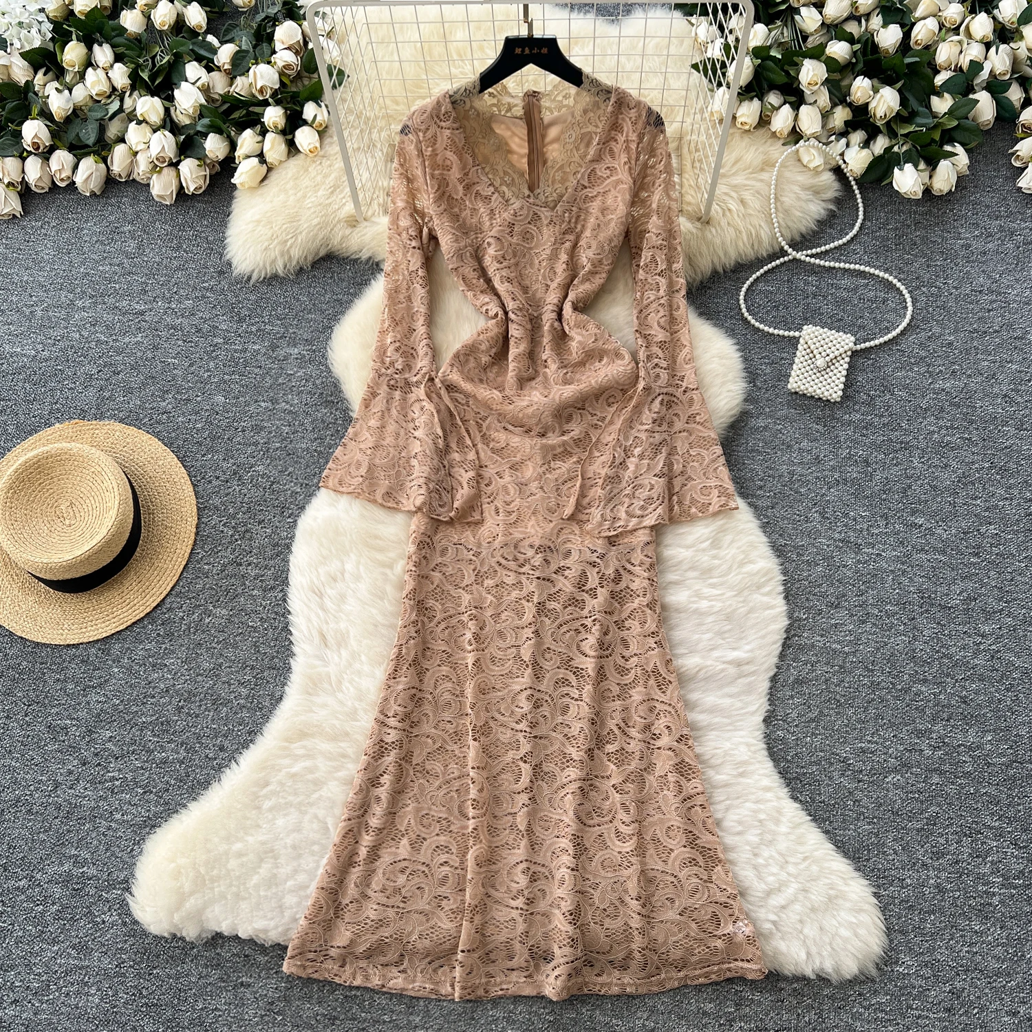 

Элегантные ретро-платья с длинными рукавами и расклешенными рукавами, кружевные тонкие сетчатые повседневные женские осенние церемониальные платья с высокой талией