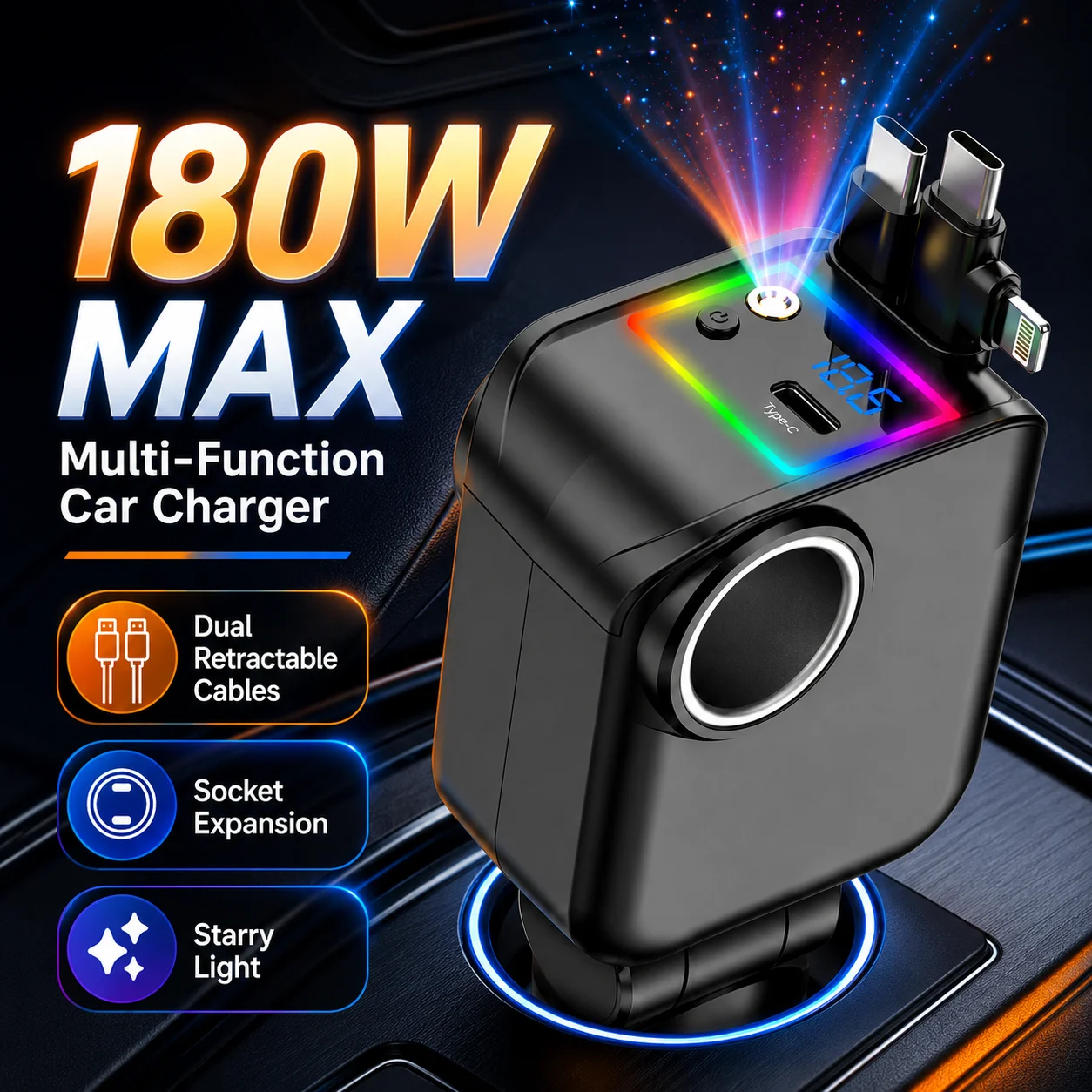 180W Retractable Car Charger USB C Lightning 60W Socket LED Display Starry Light 180 Degree Adjustable Car Adapter