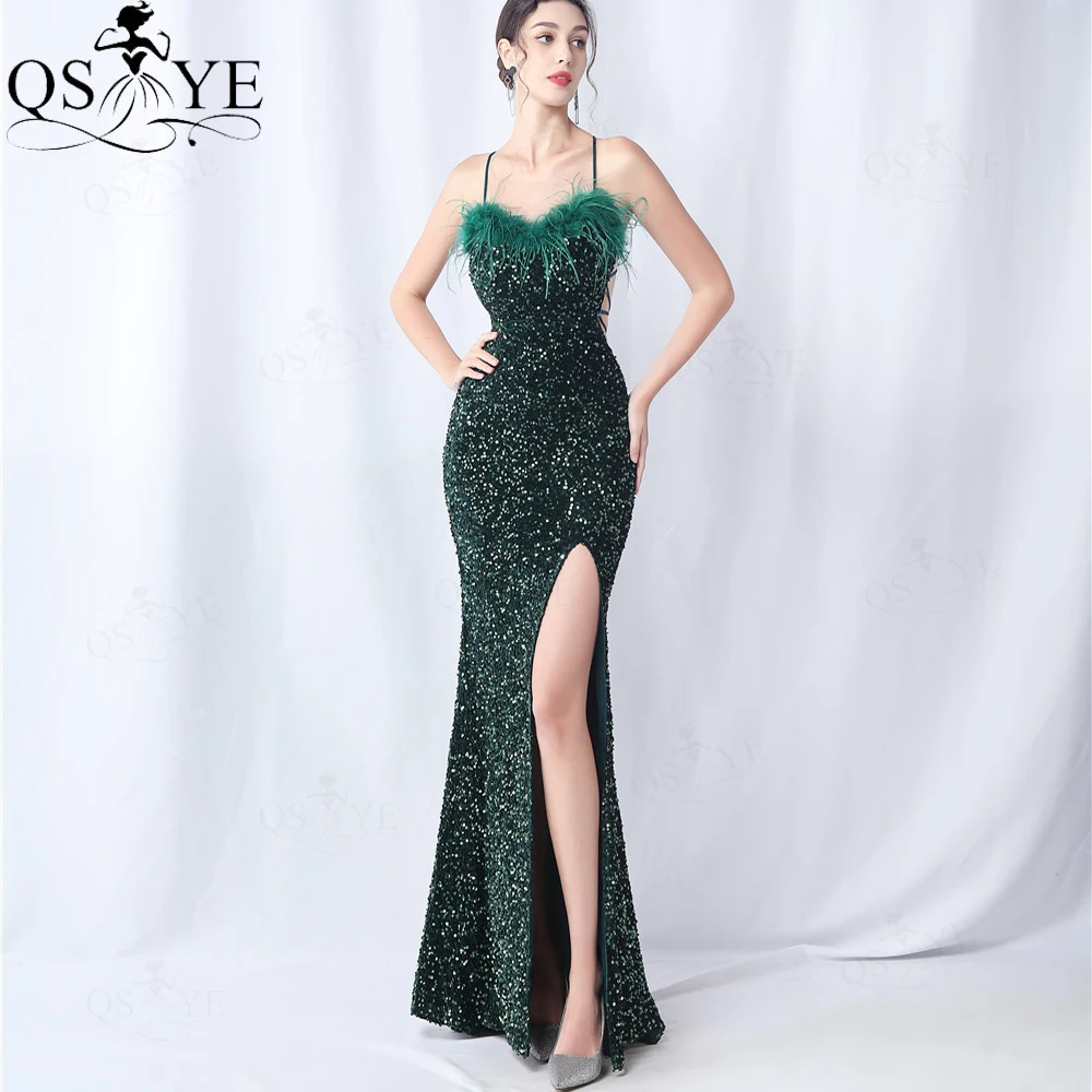 Shiny Green Sequin Evening Dress 2024 Mermaid Slit Ostrich Hair Prom Gown Backless Spaghetti Straps Women Emerald Formal Dress