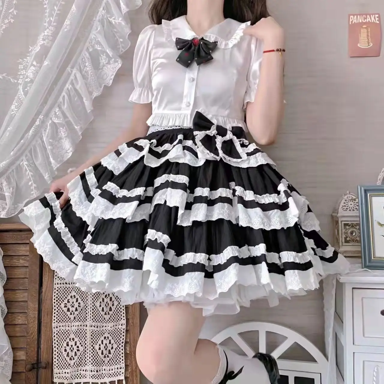 2022 Patchwork Kawaii Overalls Kleid Süße Abnehmbare Strap Drei-Teil Lolita Rock Nettes Mädchen Cosplay Kostüm Loli Kleider